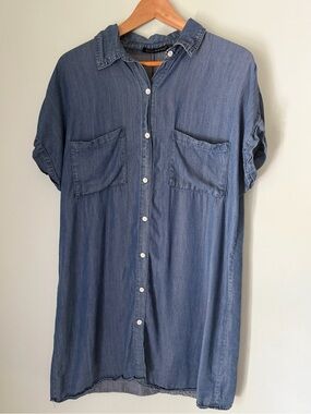 Zilcremo Chambray Button Mini Dress/Tunic Large Blue Roll Sleeve